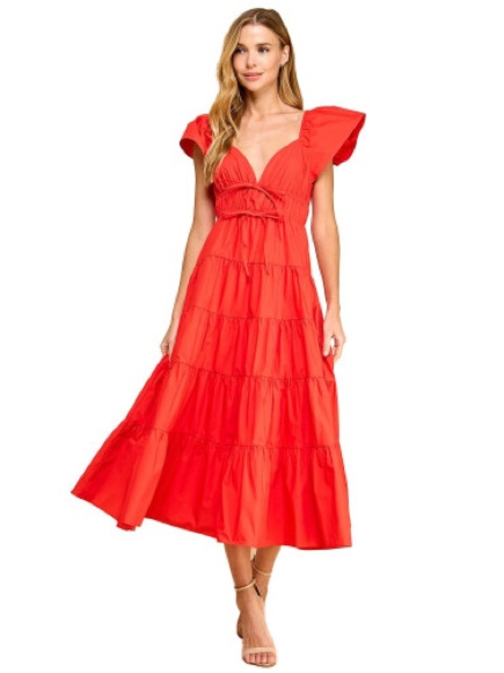 O.p.t red flutter sleeve tiered midi dress